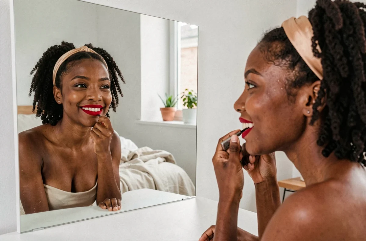 Femme à la peau foncée souriante avec un rouge à lèvres rouge cerise devant un miroir minimaliste