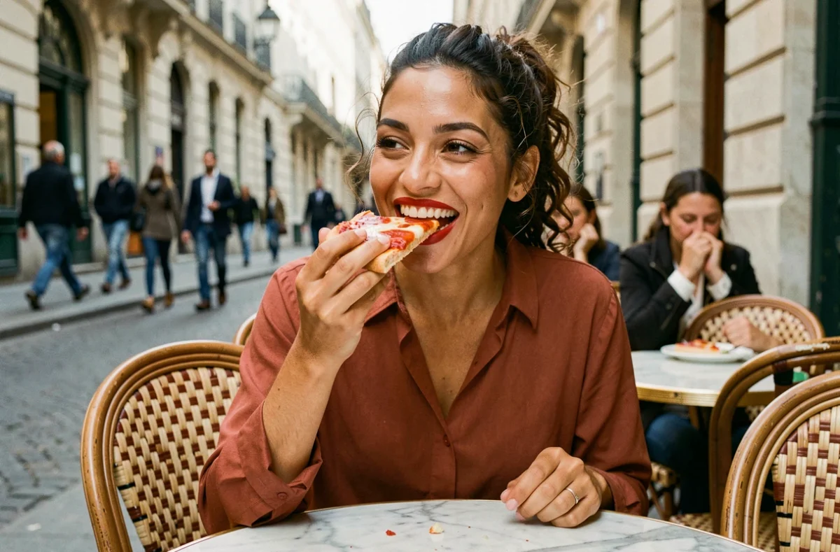 Femme avec un rouge à lèvres mat rouge longue tenue intact en train de manger une pizza en terrasse de café parisien