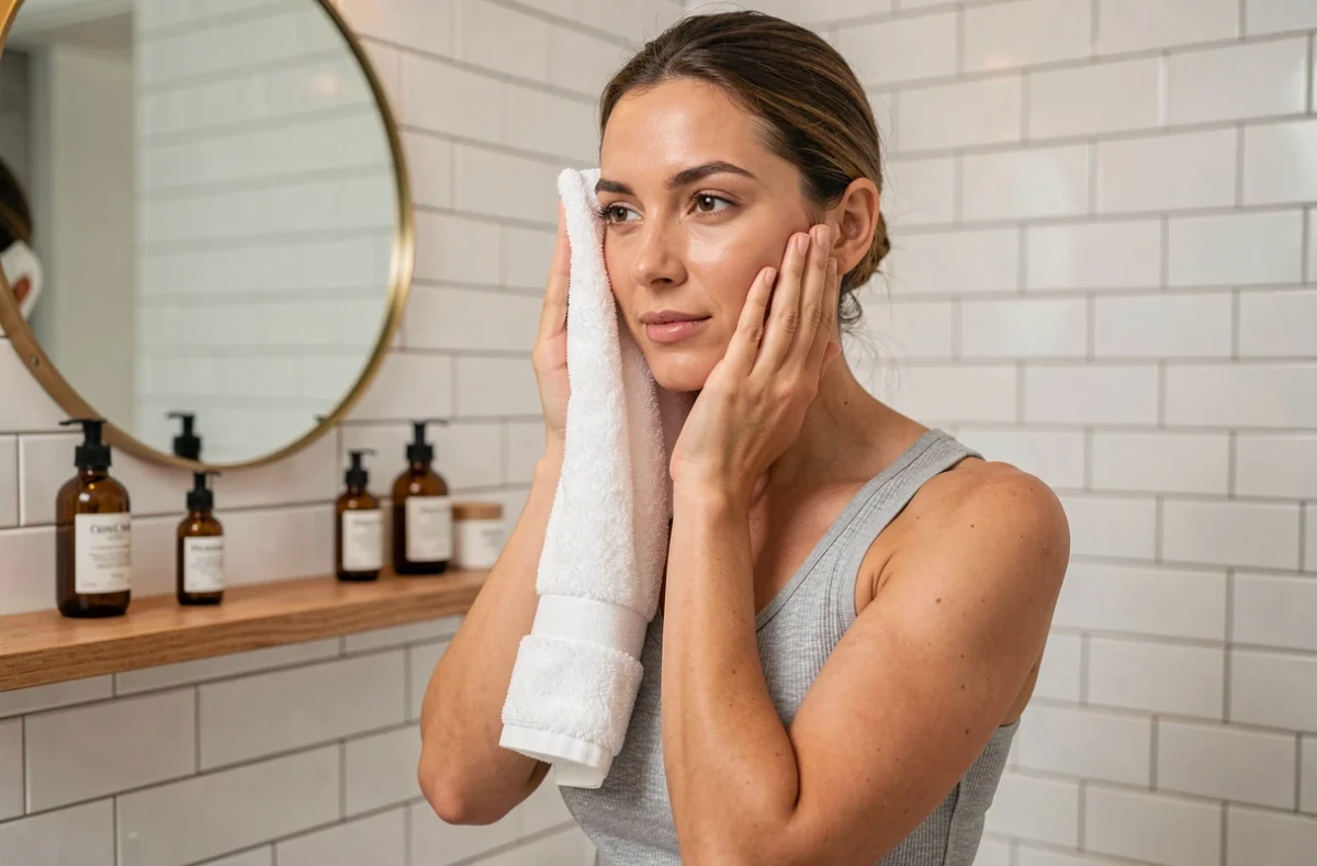 Femme séchant son visage lisse après une routine de soin nocturne dans une salle de bain