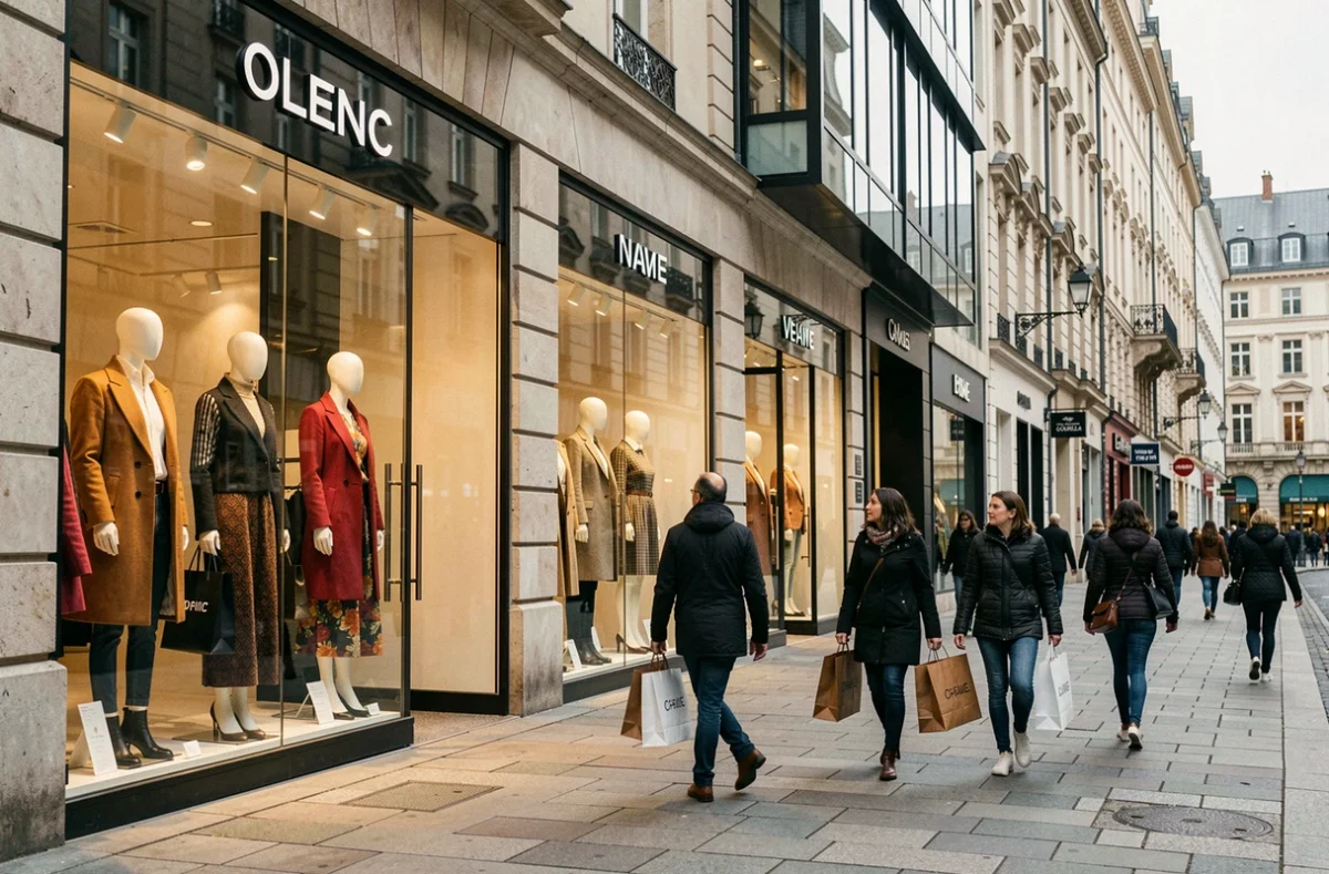 Rue commerçante animée en Europe avec plusieurs enseignes de mode en vitrine, illustrant la concurrence entre les grandes marques de vêtements comme H&M, Uniqlo et Mango face à Zara