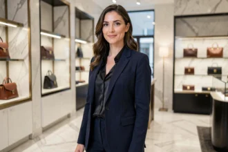 Employée Hermès en tenue professionnelle dans une boutique de luxe parisienne, illustrant les salaires et conditions de travail chez Hermès