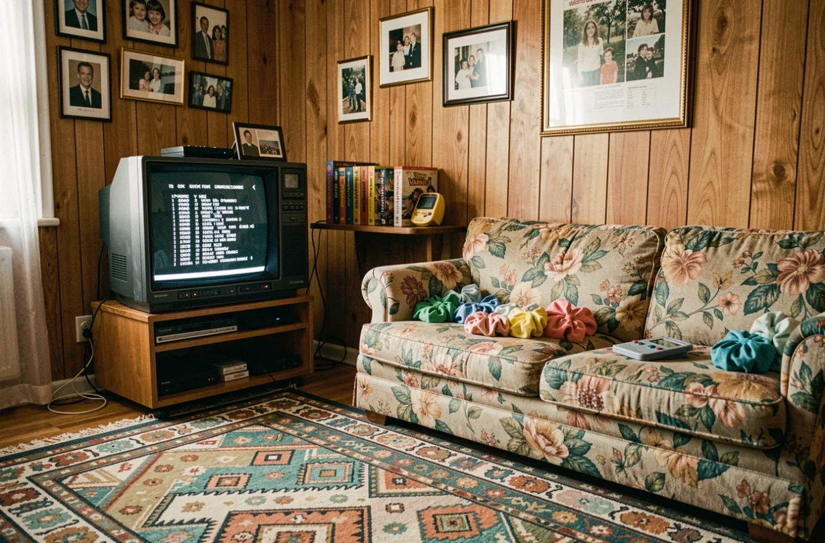 Salon décoré dans le style typique des années 90 avec télévision CRT, Game Boy et cassettes VHS