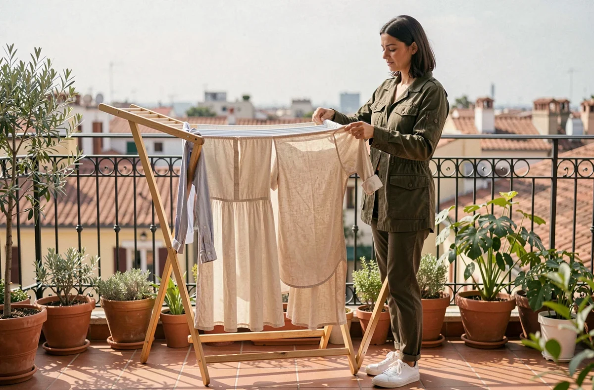Jeune femme étendant des vêtements sur un séchoir en bois sur un balcon ensoleillé avec des plantes en pot