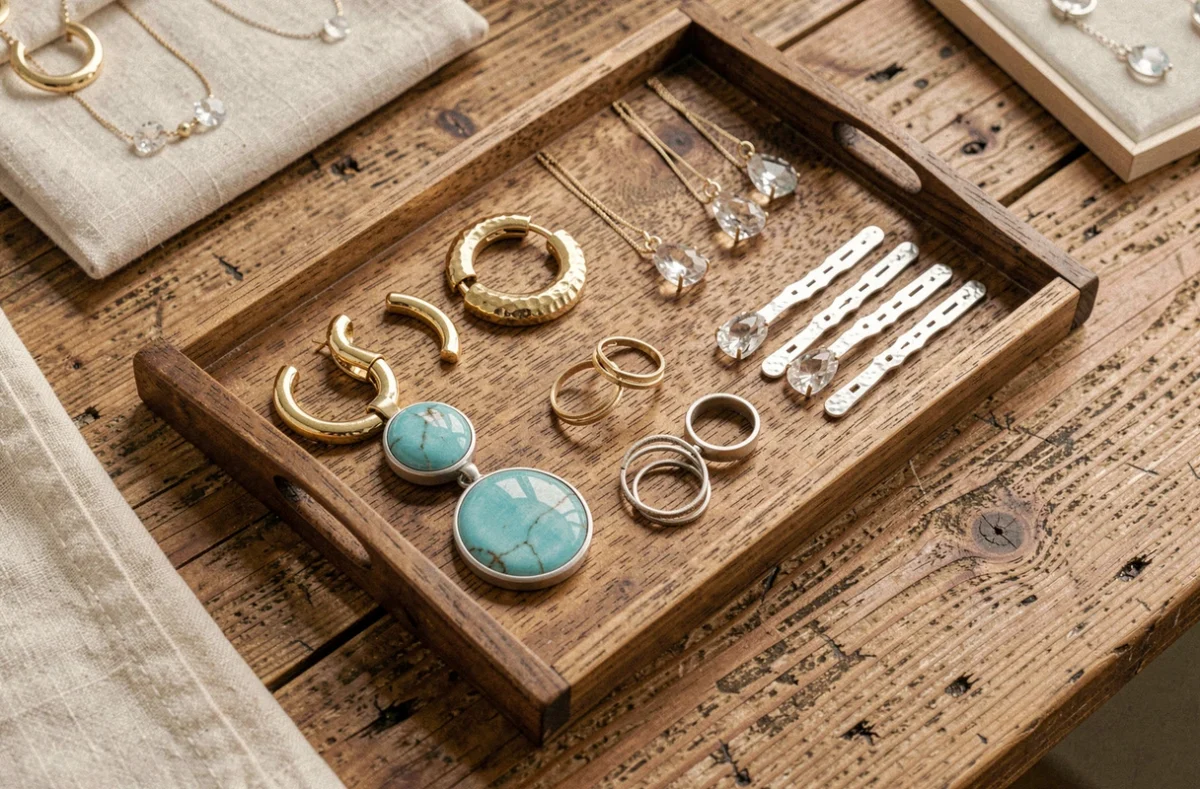 Plateau en bois avec une sélection de bijoux fantaisie populaires dont boucles d'oreilles dorées, colliers en émail et bagues minimalistes