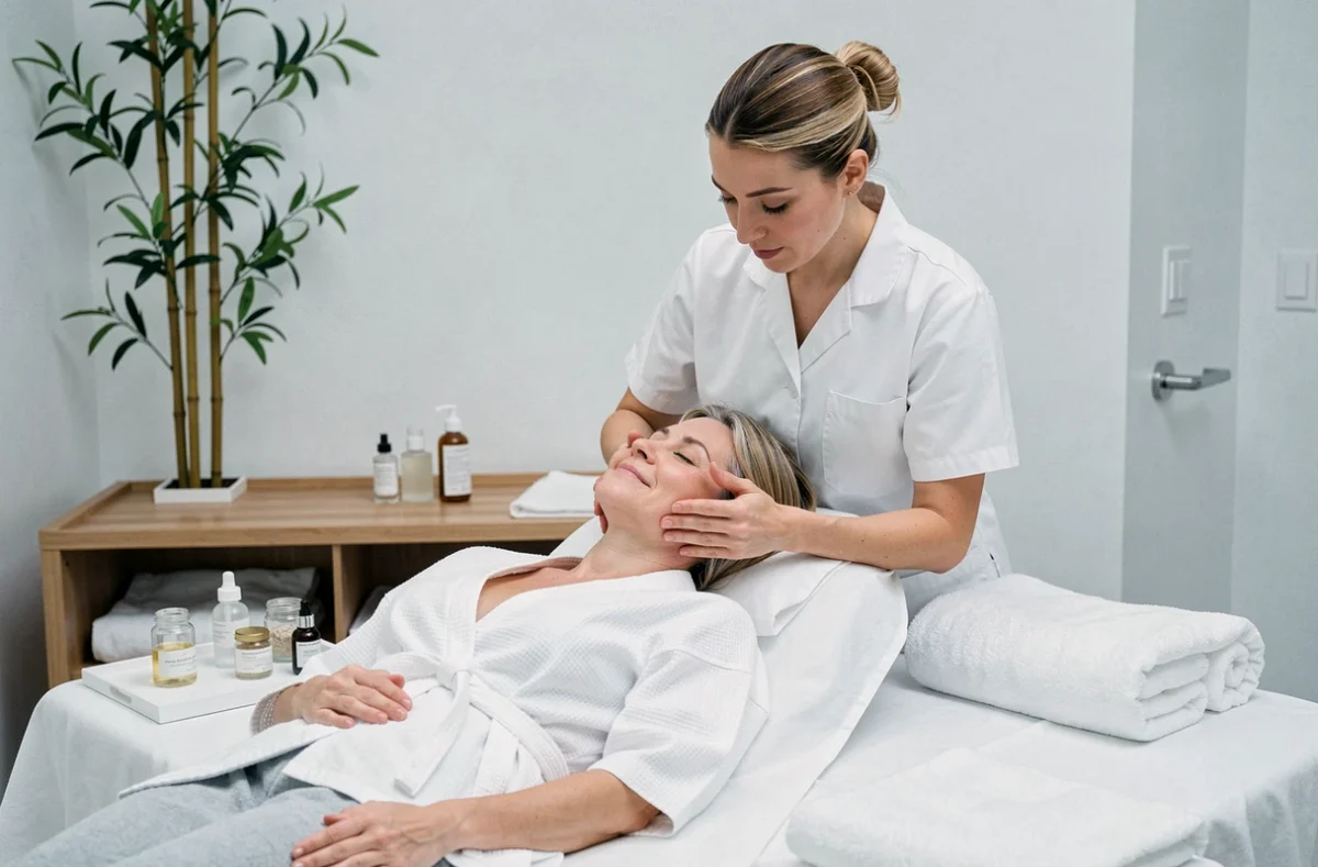 Esthéticienne réalisant un massage facial anti-âge sur une cliente dans un institut de beauté moderne