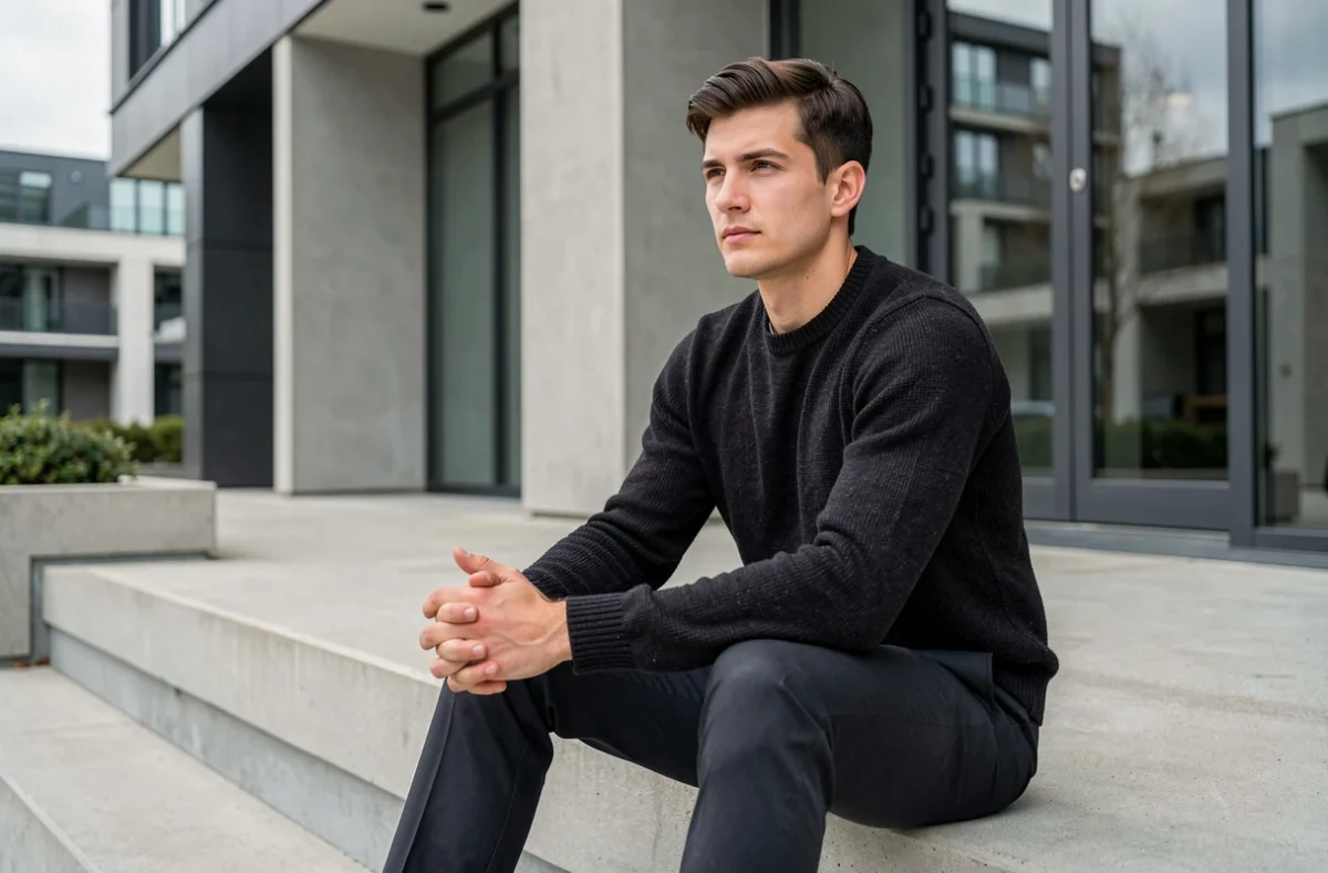 Jeune homme de la génération 1995 assis devant un bâtiment contemporain, style éditorial décontracté