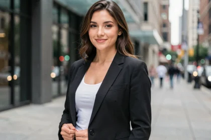 Jeune femme née en 1995 posant avec confiance dans une rue urbaine moderne, portrait éditorial élégant