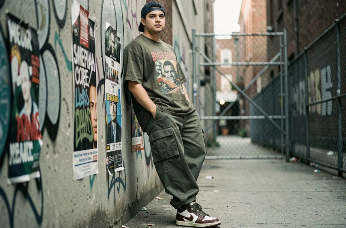 Jeune homme en style streetwear des années 90 avec tee-shirt oversize, cargo baggy et casquette snapback à l'envers, appuyé contre un mur tagué en milieu urbain