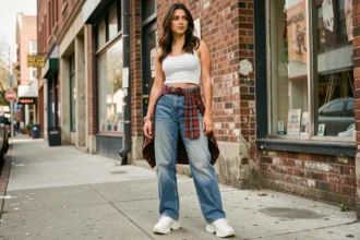 Jeune femme en tenue typique des années 90 avec jean taille haute, crop top blanc et chemise à carreaux nouée à la taille, dans une rue urbaine vintage
