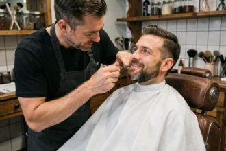 Barbier professionnel en train de tailler la barbe courte d'un homme dans un salon de coiffure vintage