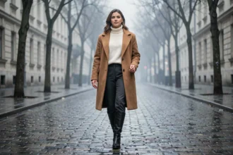 Femme portant un manteau camel oversize et bottes en cuir, tendance mode hiver 2026 dans une rue pavée européenne