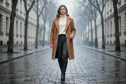 Femme portant un manteau camel oversize et bottes en cuir, tendance mode hiver 2026 dans une rue pavée européenne