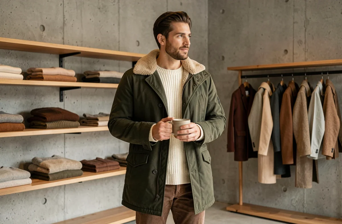 Homme en parka vert forêt et cardigan en maille crème, tendance hiver 2026 dans une boutique scandinave minimaliste