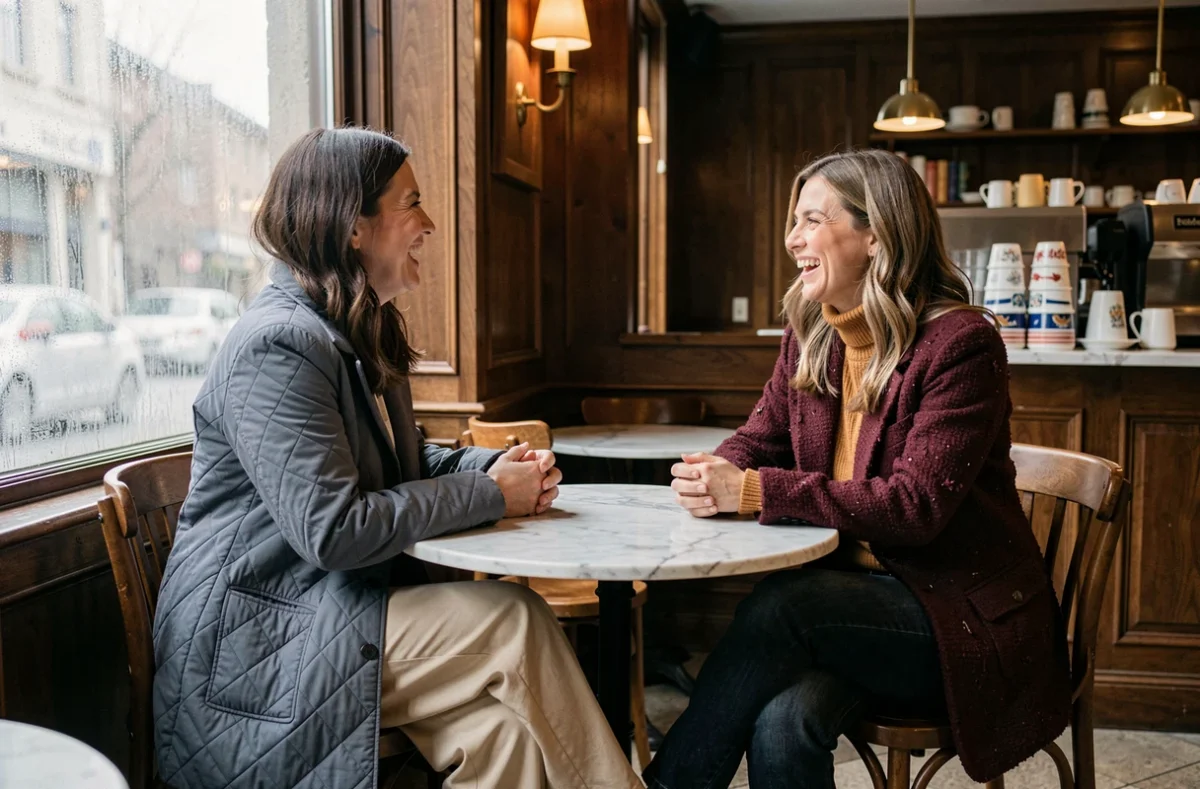 Deux femmes en tenues tendance hiver 2026 — veste matelassée et blazer bouclé — dans un café parisien chaleureux