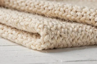 Gros plan sur la texture du tissu Thermolactyl en laine et polyester, montrant le tricot technique des fibres thermiques