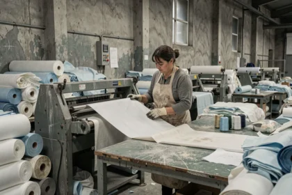 Ouvrière textile inspectant des rouleaux de tissu synthétique dans une usine de confection, illustrant la production massive de vêtements et son impact environnemental