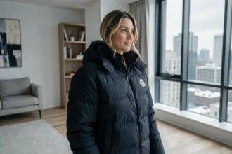 Femme portant une veste Moncler qui n'est pas bouffante dans un appartement moderne, problème de remplissage duvet visible